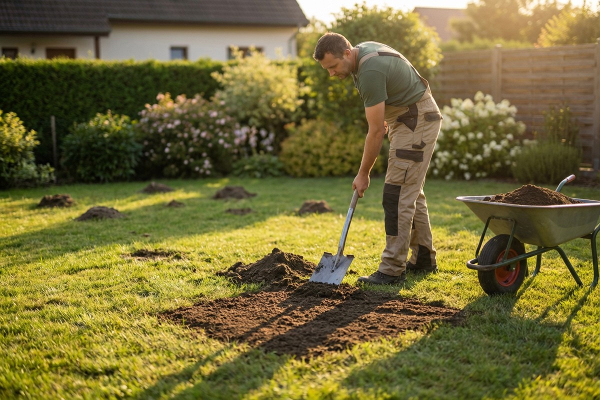 wyrównanie trawnika i zasypywanie kretowisk