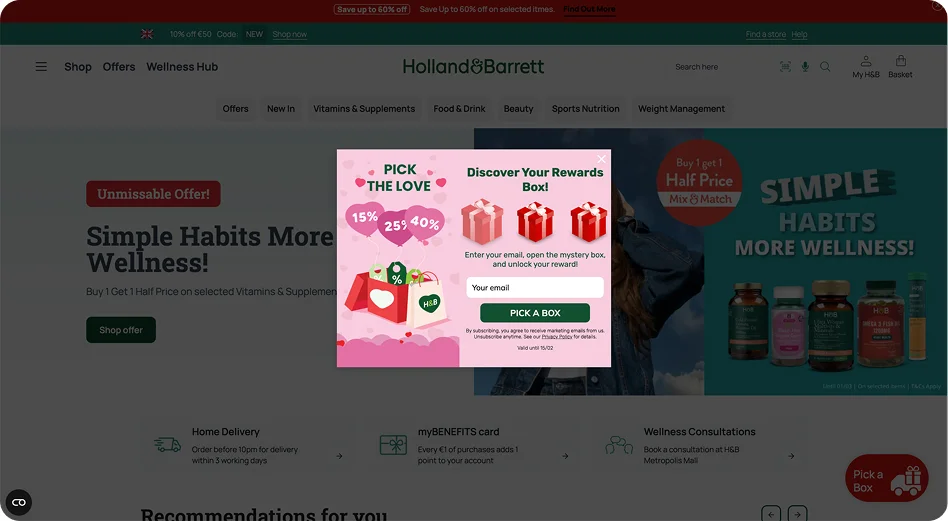 Valentine's Day exit-intent popup for Holland & Barrett using a Pick a Box game by Claspo to increase email signups and holiday conversion rates