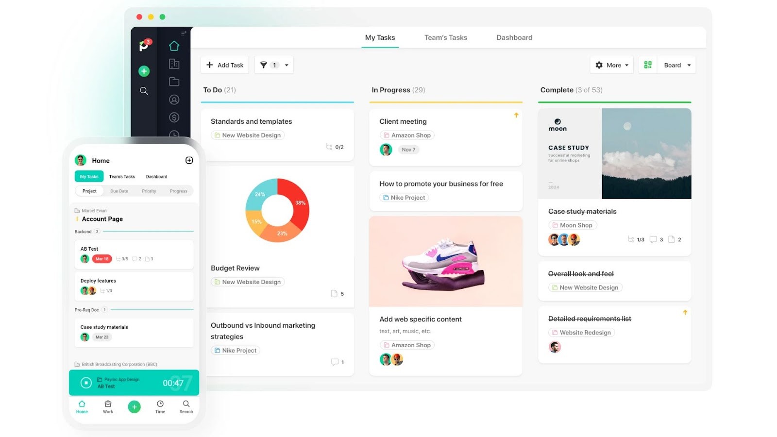 Paymo's work management dashboard