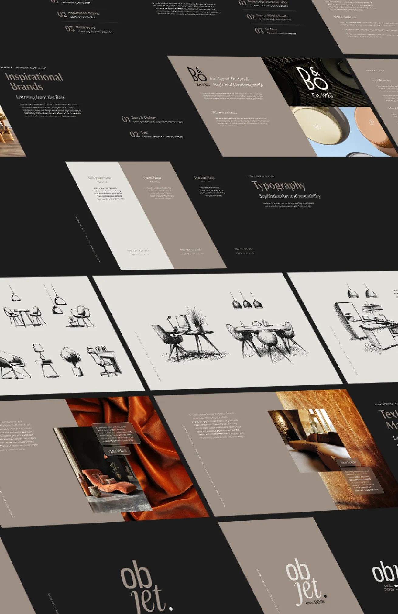 Angled collage of Objet brand identity presentation slides showing research on inspirational brands, typography system, vintage etching-style furniture illustration pages, texture and material photography including draped satin and warm leather, and multiple "ob jet." logo variations in different weights and configurations