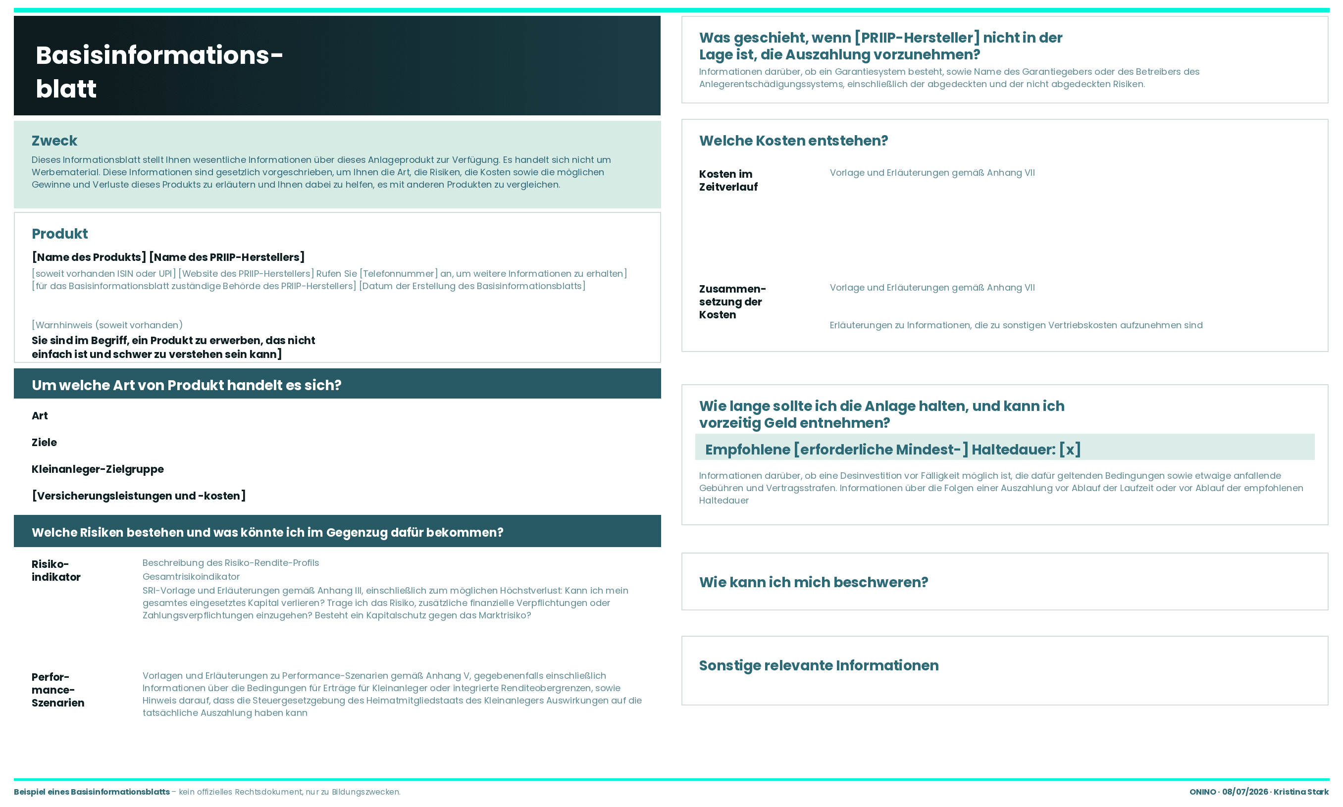 Basisinformationsblatt (PRIIP-KID) im ONINO-Design: zweispaltige Vorlage mit dunklem Kopf, Abschnitten zu Zweck, Produkt, Risiken, Kosten und Haltedauer.
