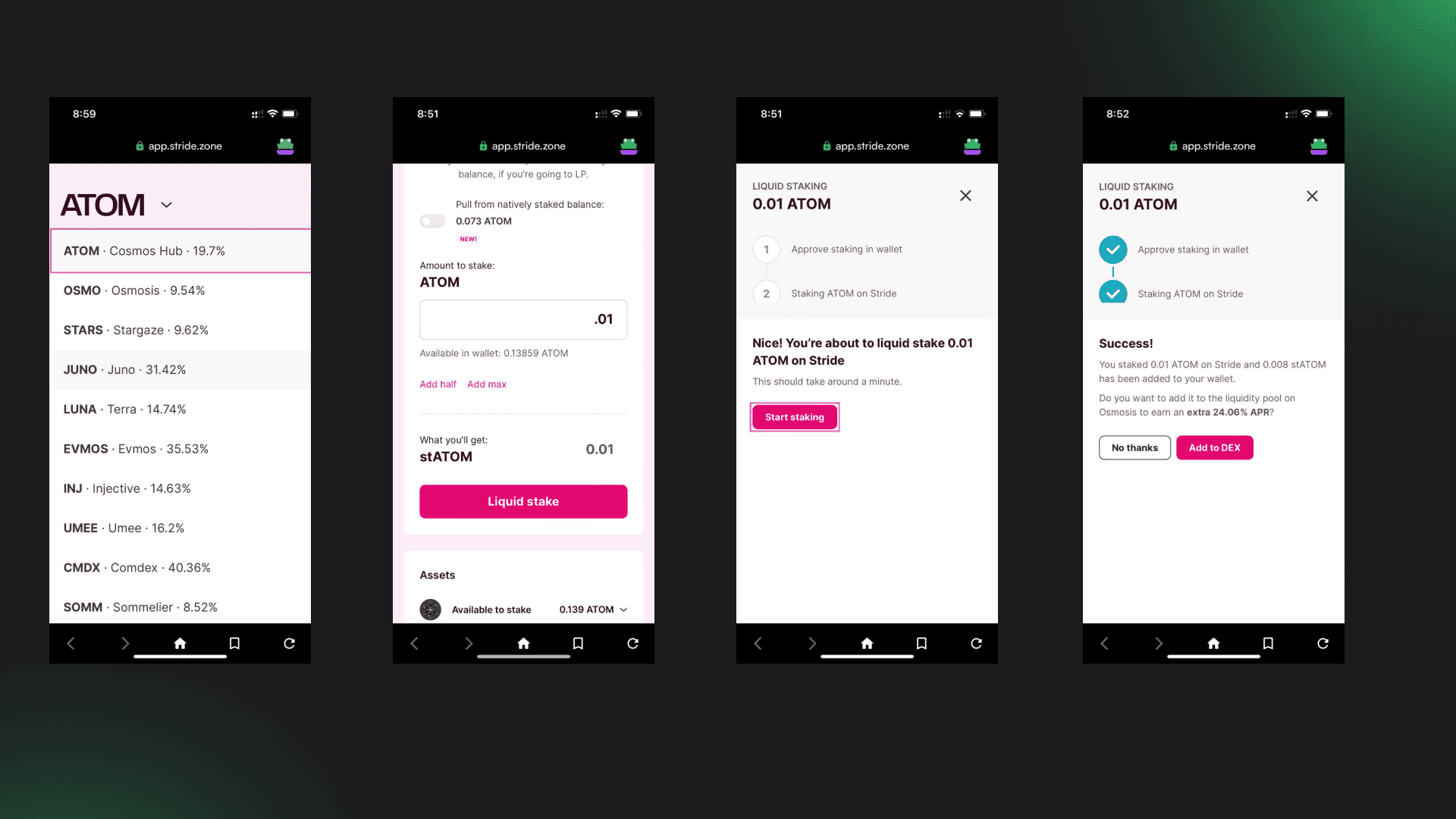 Liquid stake ATOM on Stride using Leap dApp browser