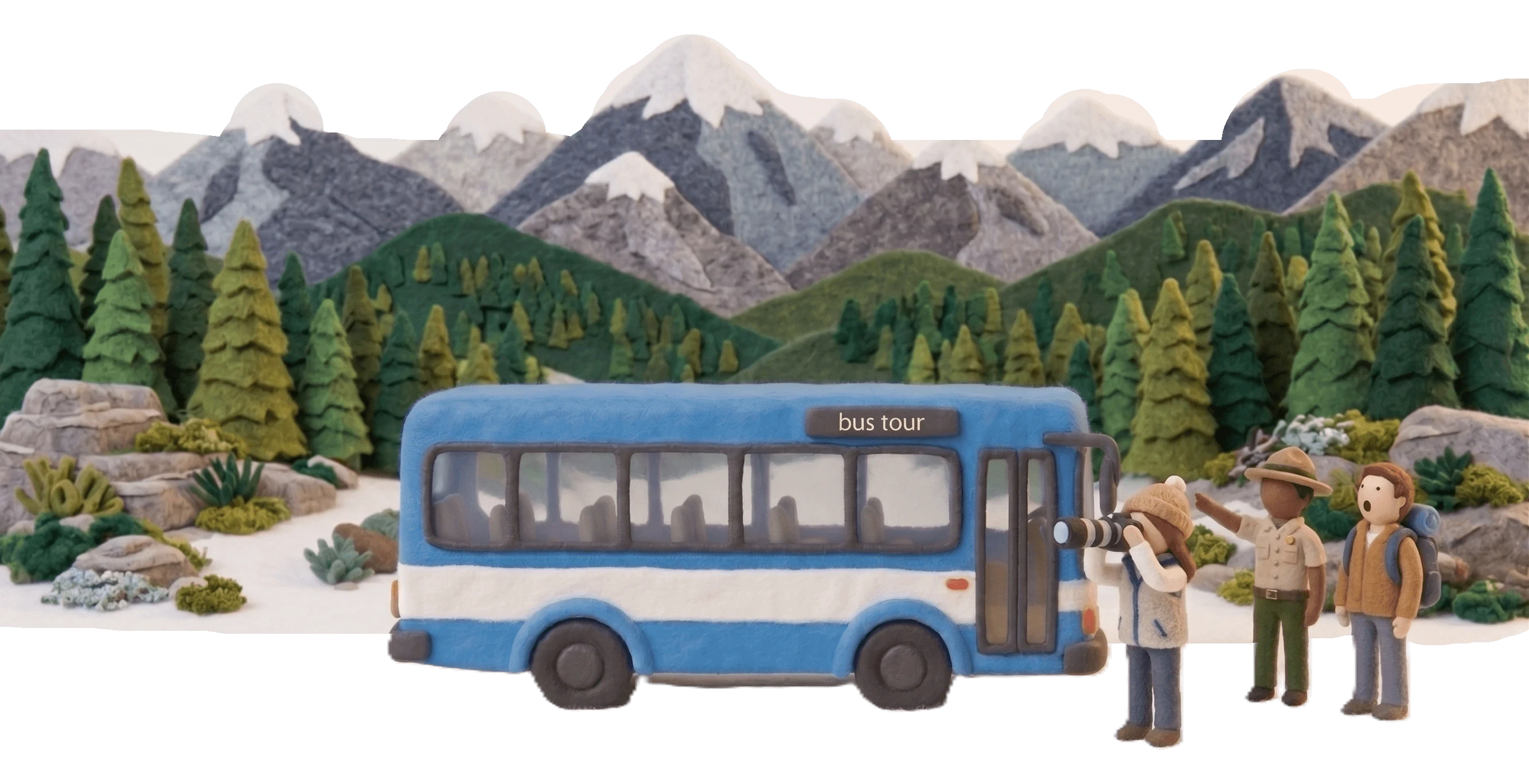 Clay illustration of a tour bus in the mountains