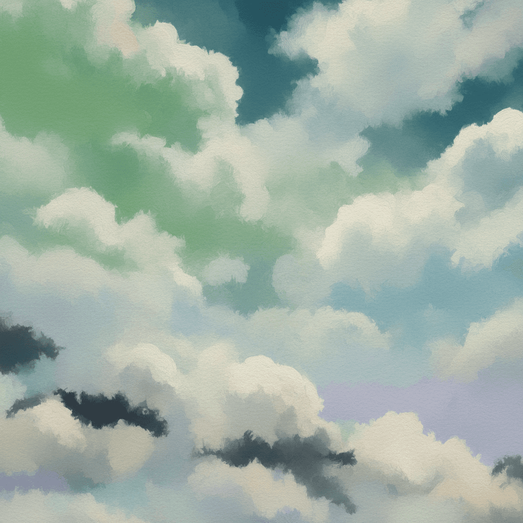 stylistic image of a green and teal sky with white fluffy clouds and a hint of purple
