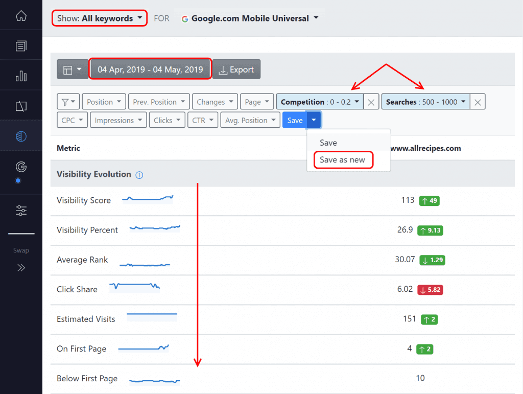 advanced web ranking. filters applied marked.