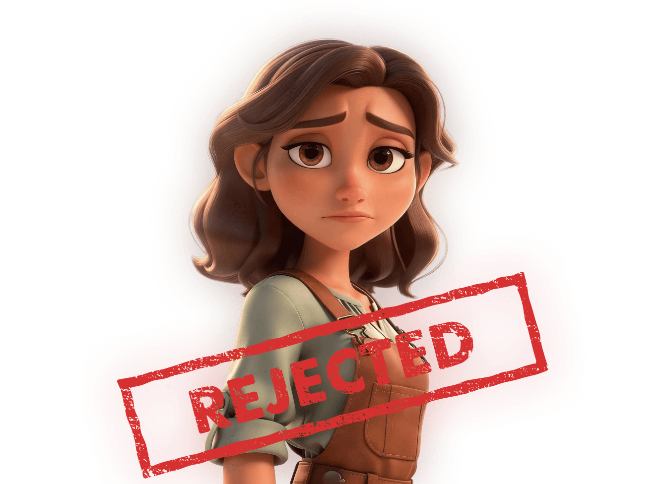 A stylized 3D illustration of a young woman with large, expressive eyes and a worried expression, wearing brown overalls and a light shirt, overlaid with a bold red “REJECTED” stamp across the image.