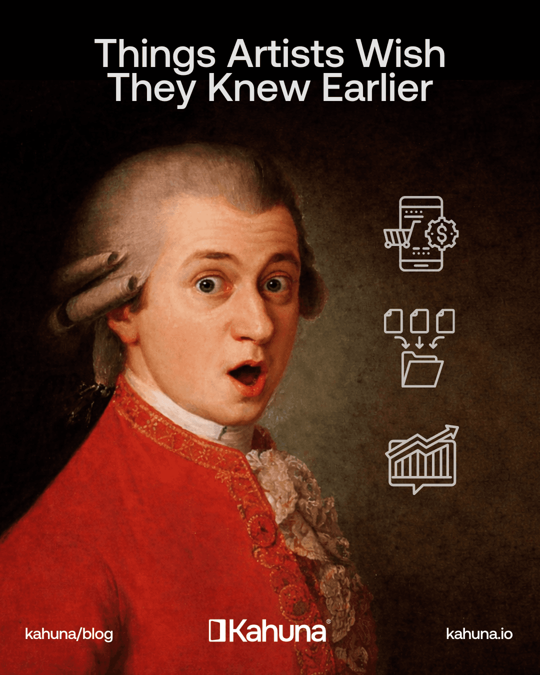 Cover image for ‘Things Artists Wish They Knew Earlier’: a surprised classical portrait with simple icons representing ads, content, and growth strategy.