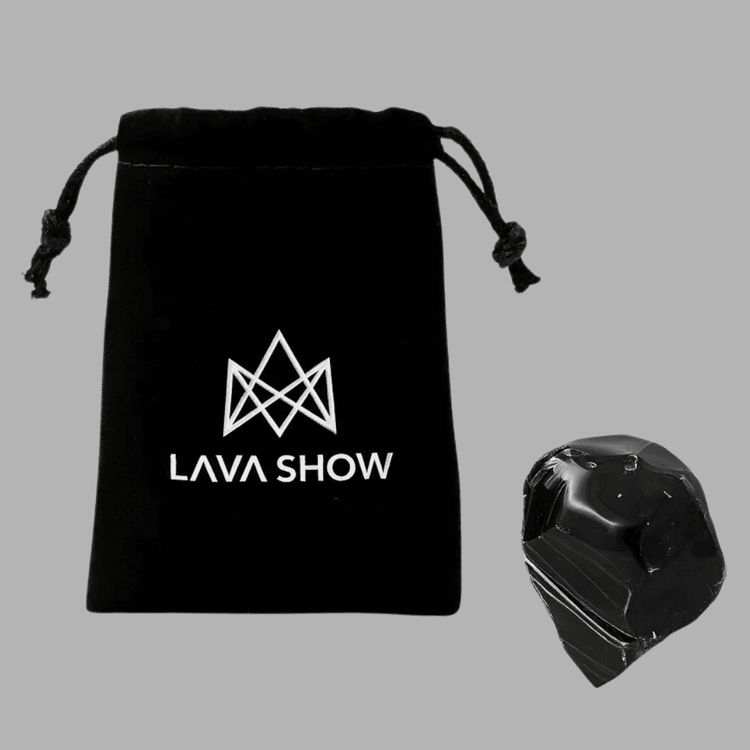 Authentic Katla 1918 eruption lava stone in Lava Show pouch, real Icelandic volcanic souvenir.