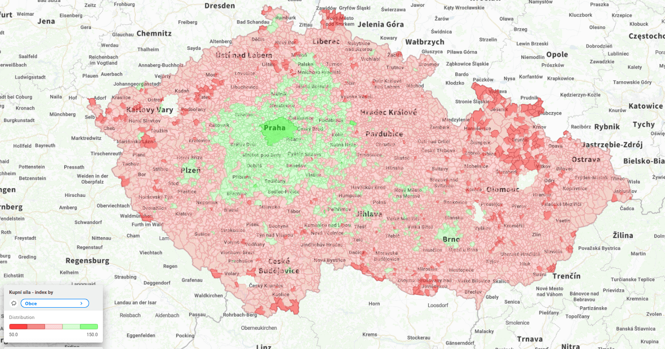 Index kupní síly 2024. Zdroj GfK, zobrazeno v CleverMaps