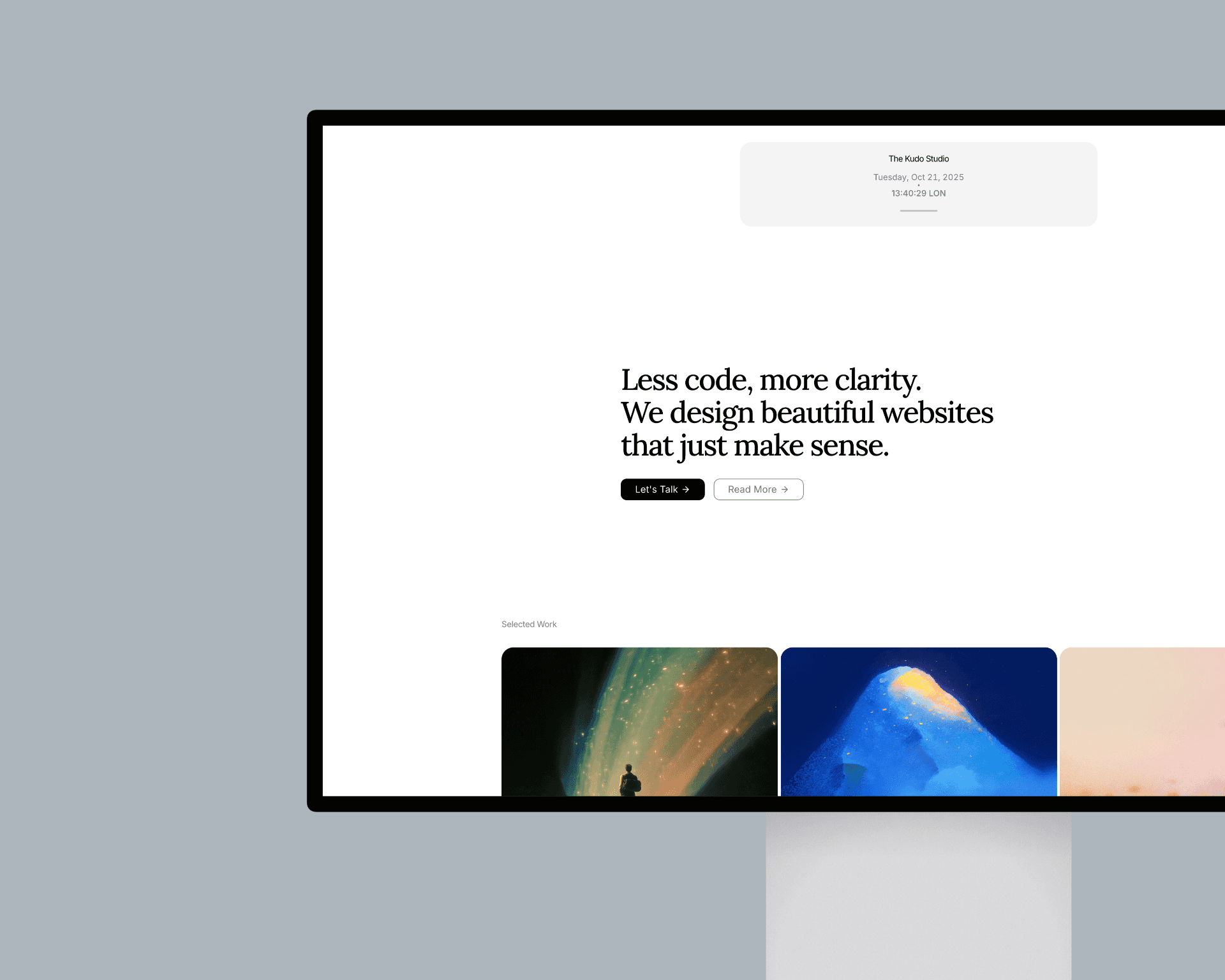 Web page mockup of The Kudo Studio minimalist website design, showcasing clean typography and a no-code web design layout.