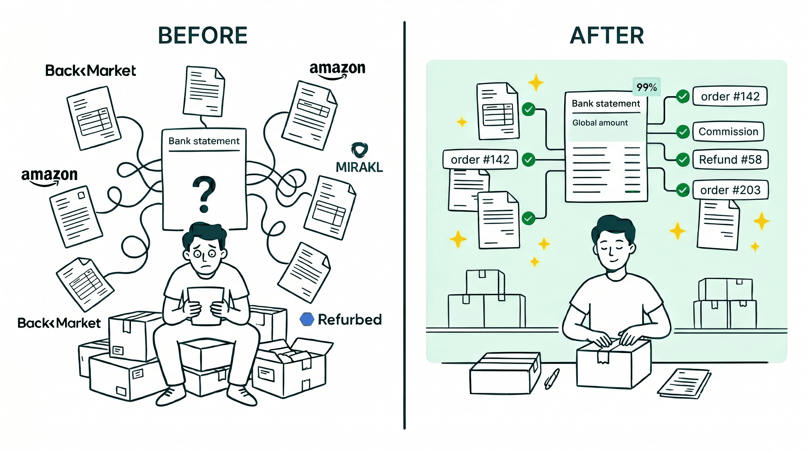 Avant/après d'une agence marketing : à gauche un fondateur stressé noyé sous les factures fournisseurs, à droite les factures sont rattachées à chaque client et les paiements rentrent