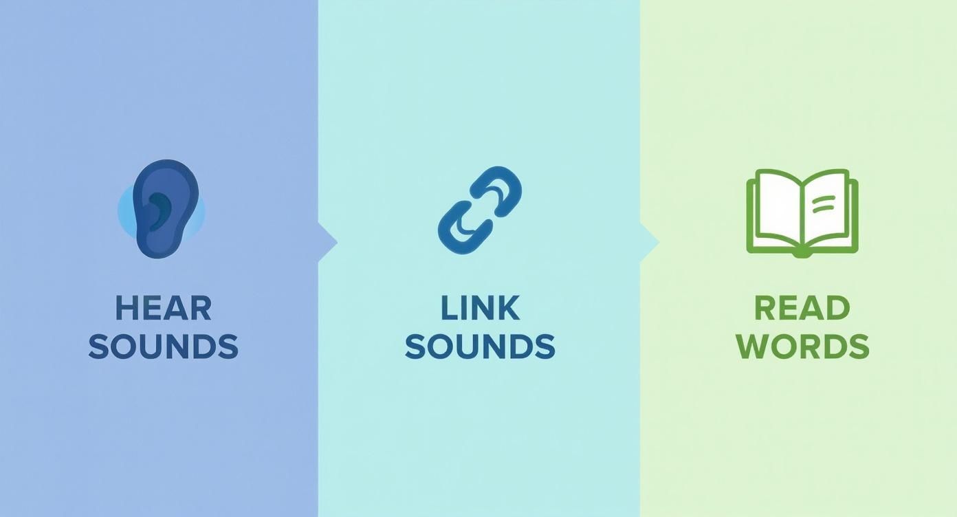 A three-step graphic showing an ear for 'HEAR SOUNDS', a link icon for 'LINK SOUNDS', and an open book for 'READ WORDS', illustrating the progression from auditory perception to reading.