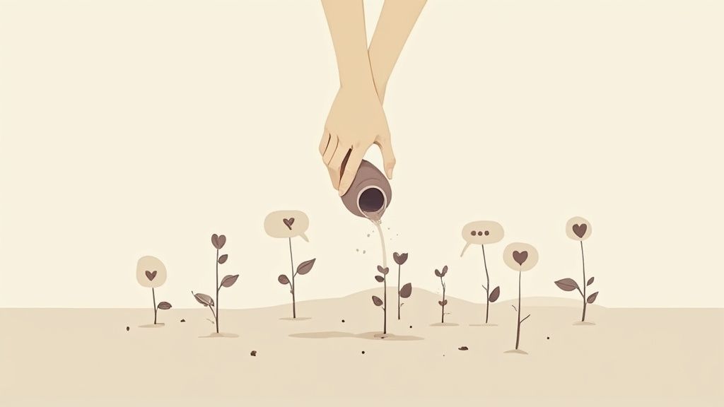 Hands nurture small plants with speech bubbles and hearts, illustrating growth through communication and love.