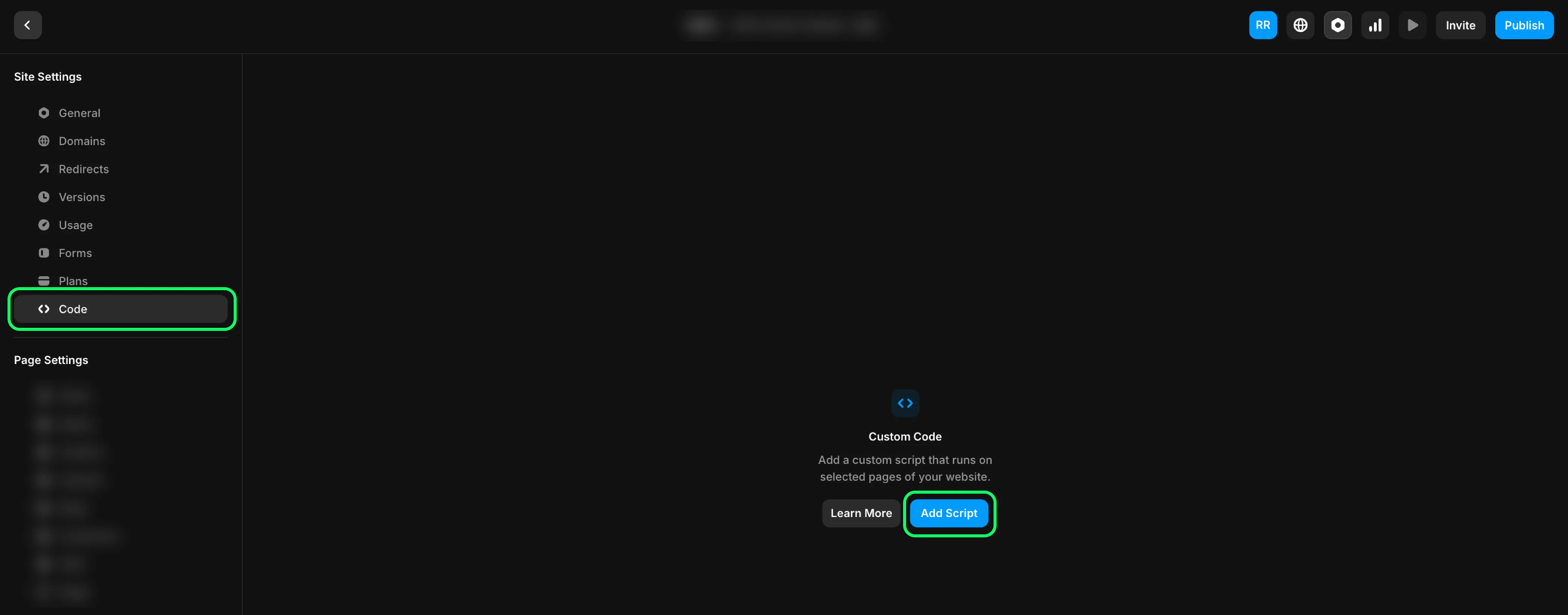 A dark themed code settings interface of a Framer website.