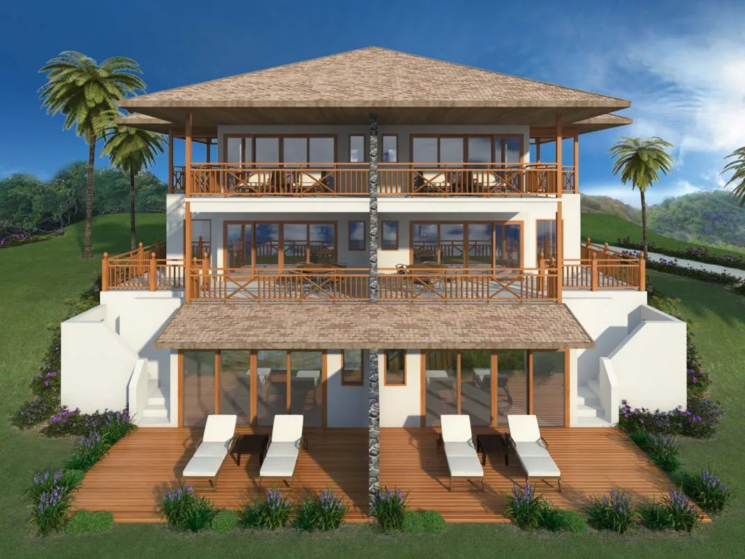 3D rendering of three-story Caribbean villa with wraparound balconies and sun deck in the Grenadines