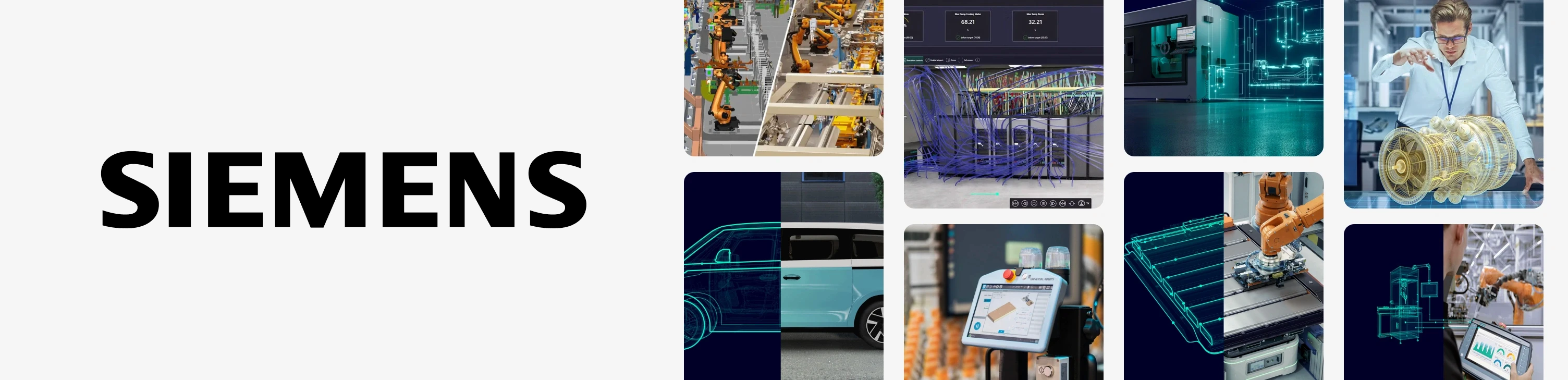 Siemens wordmark beside a grid of photographs showing a robotic assembly line split between rendered and real footage, a dashboard with numeric readouts over a wiring simulation, a machine drawn in teal wireframe, an engineer inspecting a projected turbine, a vehicle split between wireframe and photograph, and operators using tablets at production lines.