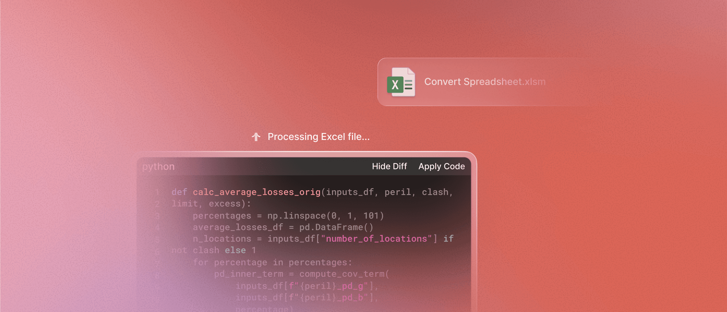Processing an Excel file with Python code for insurance pricing analysis.