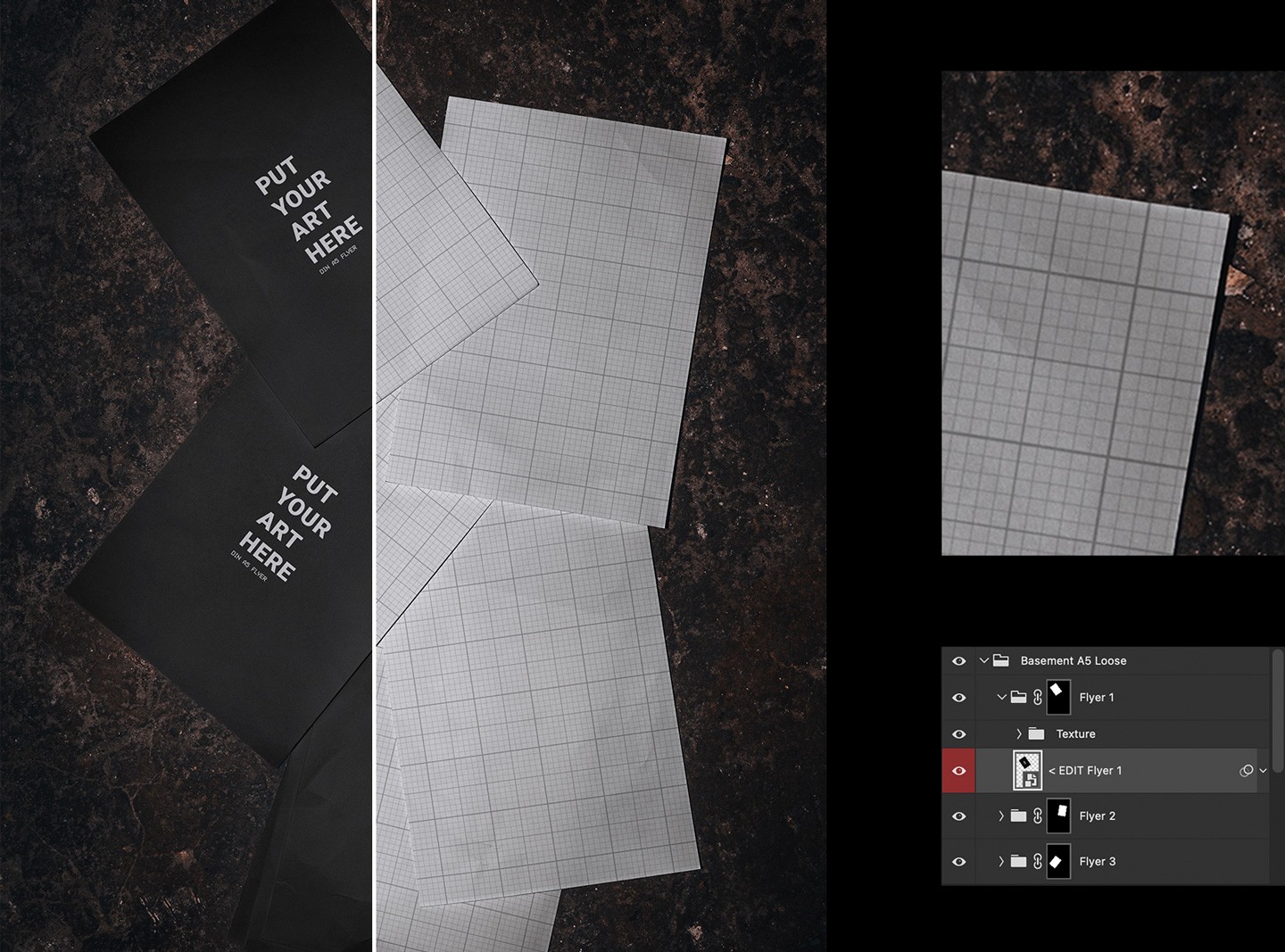 Close-up detail of the Photoshop smart object layer for customizing the floor-loose A5 flyer