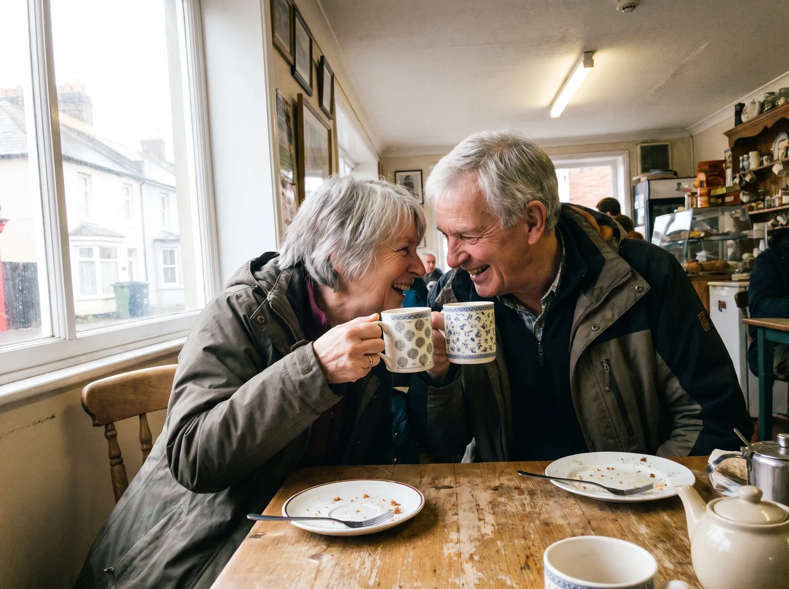 Older couple chatting and laughing over tea in a local café