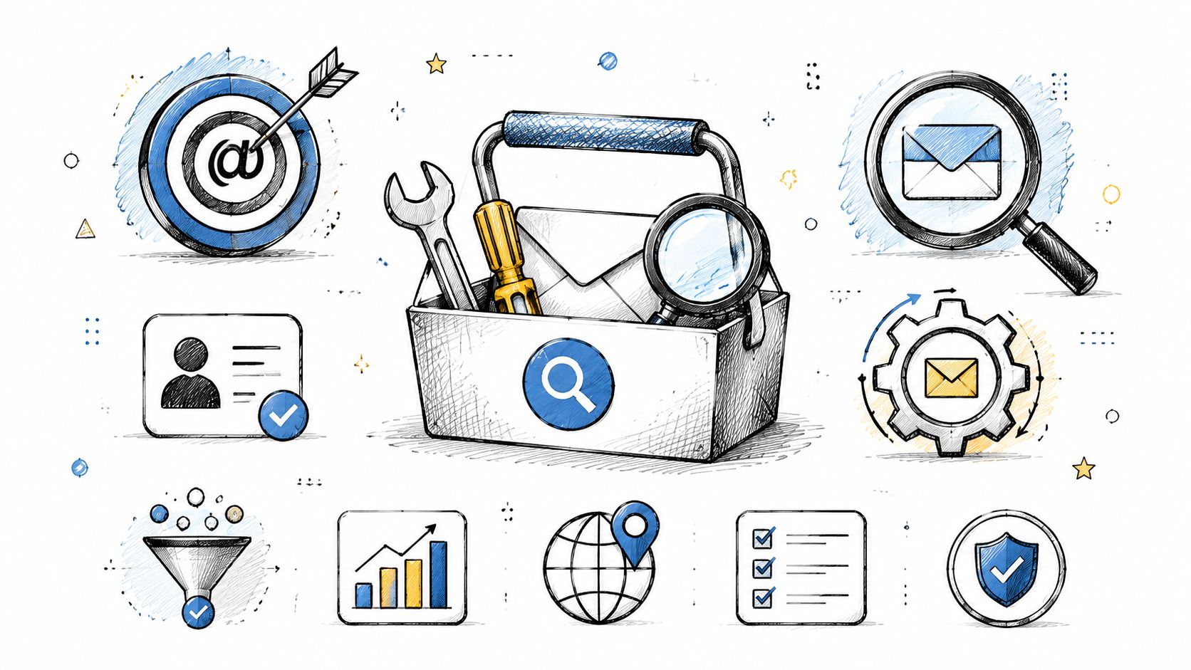 A sketched illustration of a toolbox containing tools surrounded by email and search icons for digital marketing.