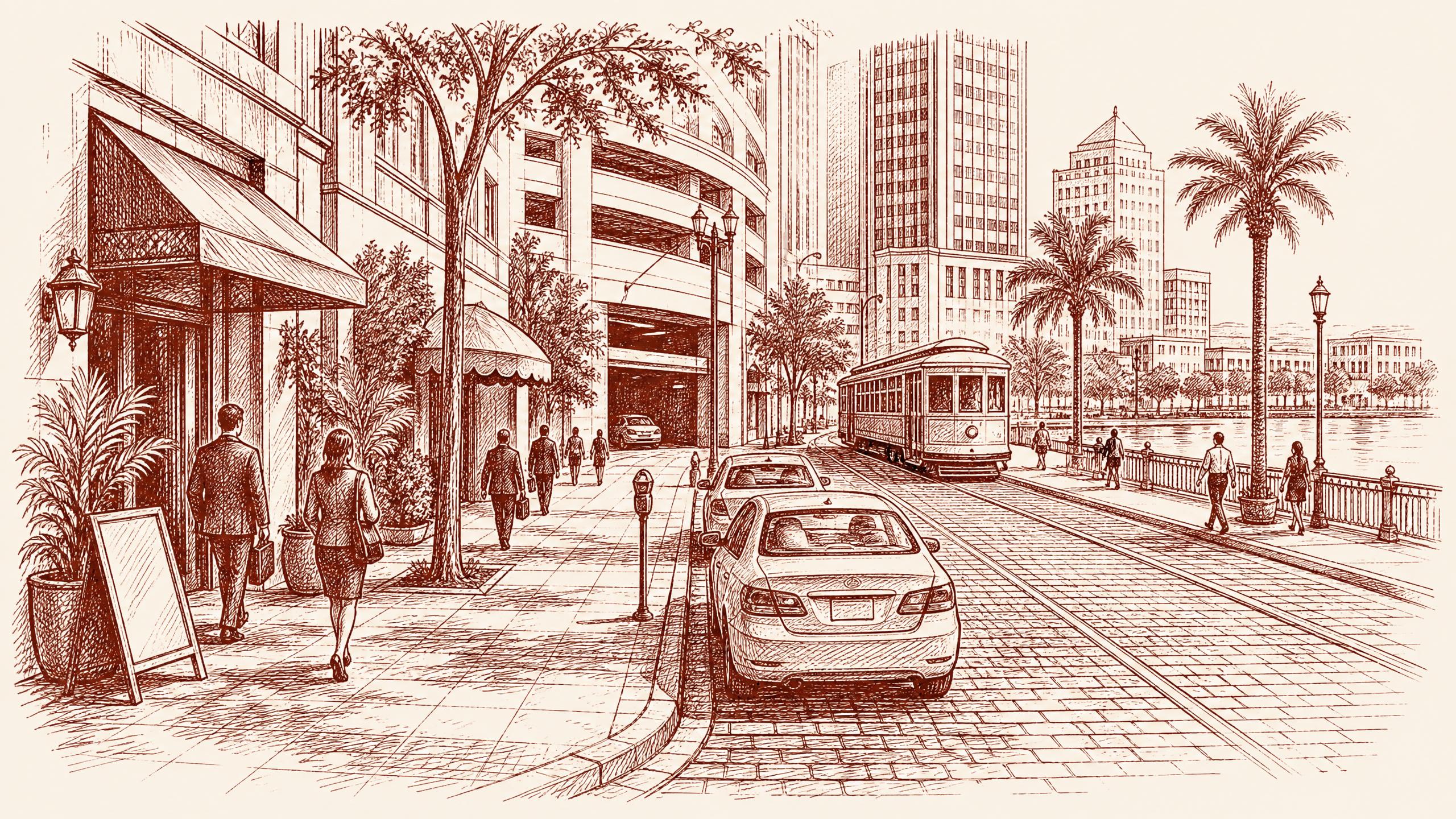 A downtown Tampa street set up for a workday lunch arrival, with curbside parking spaces