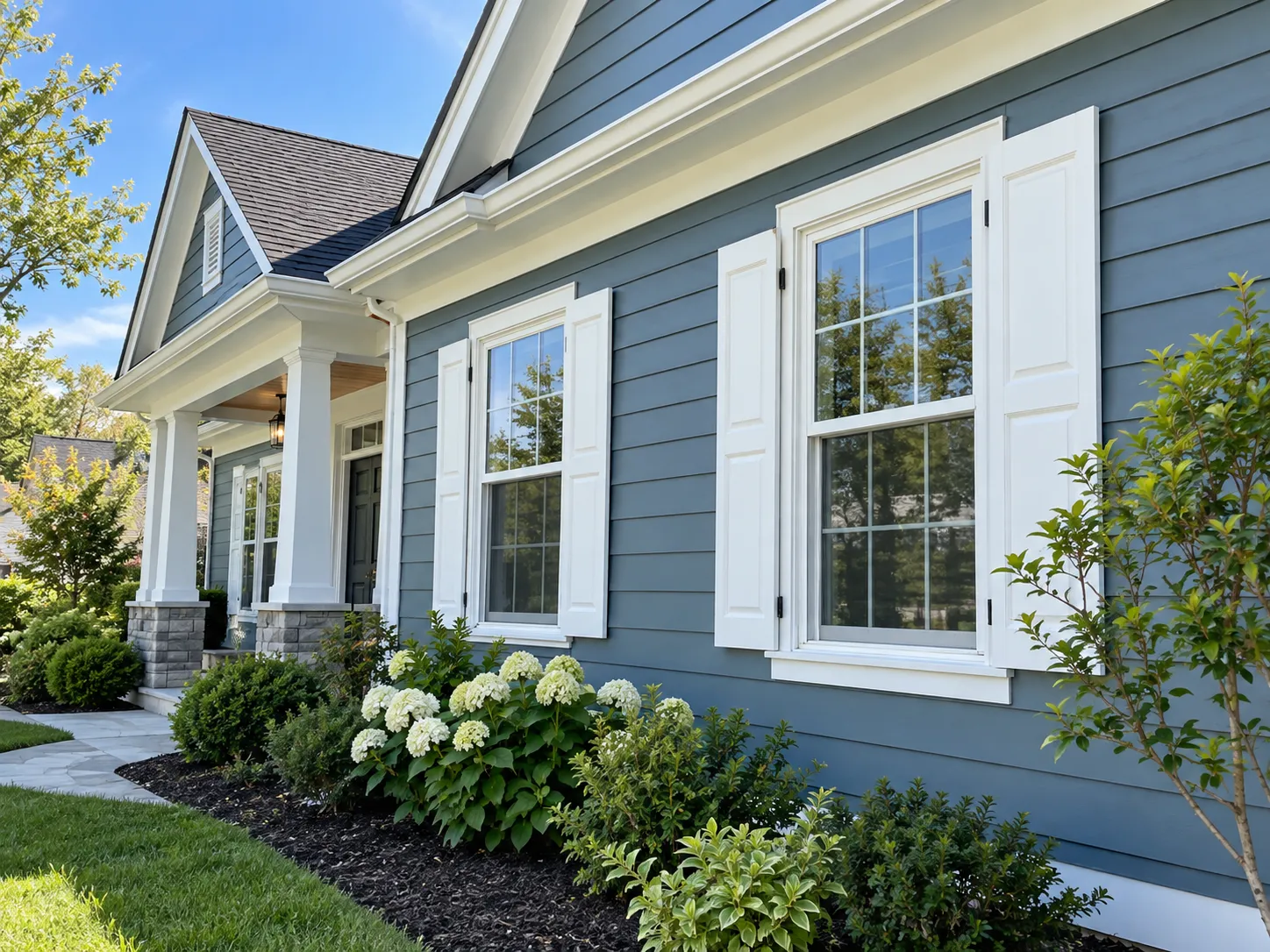 Two-story home freshly painted crisp white with black shutters