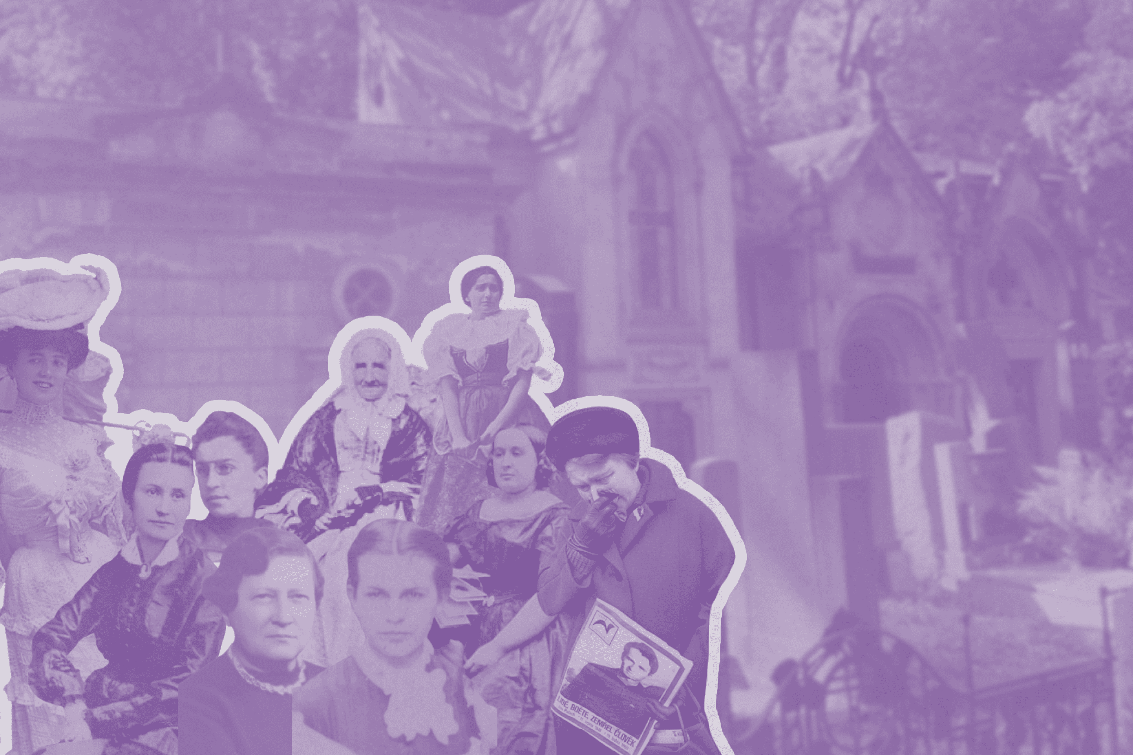 Collage of historical Czech figures on a soft purple building background