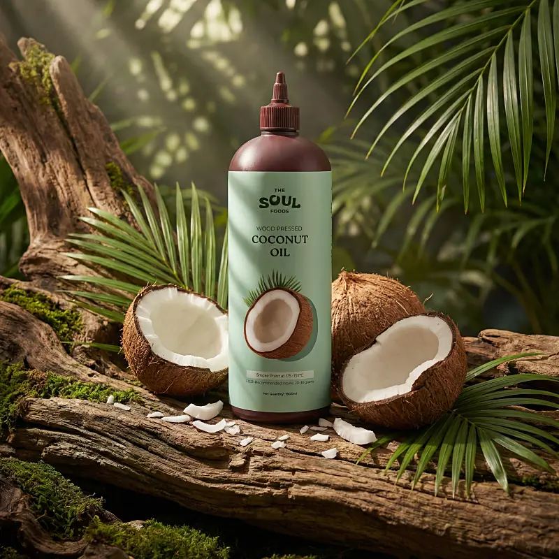 A bottle of wood-pressed coconut oil is placed on a rustic wooden surface, surrounded by halved coconuts and lush green leaves, illuminated by soft, natural sunlight filtering through foliage.