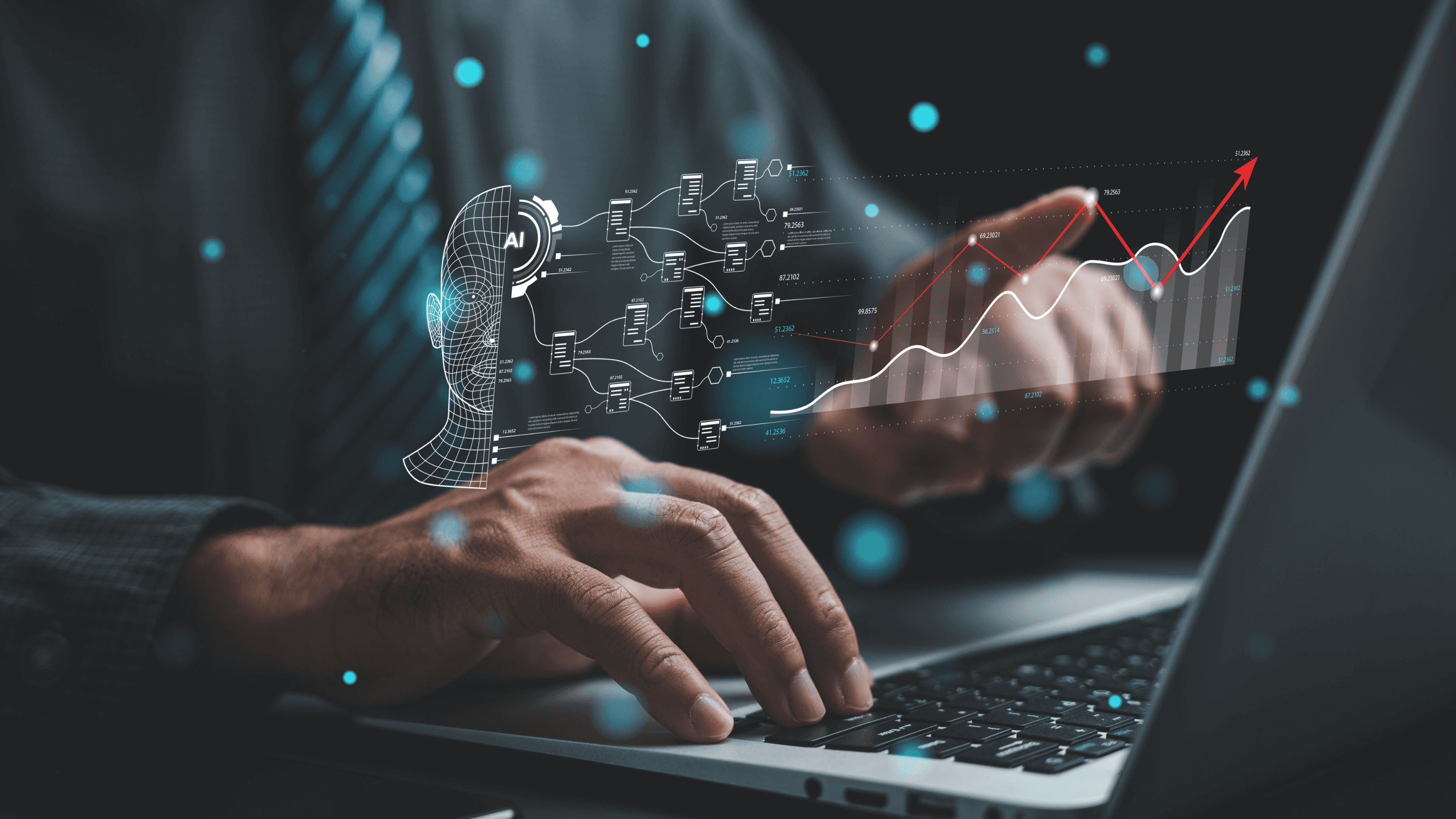 Strativ är AI-fluent – illustration av AI-driven mjukvaruutveckling baserad på The 4D Framework for AI Fluency med dataflöden och analysgrafer som symboliserar hur AI-agenter integreras i hela utvecklingsprocessen.