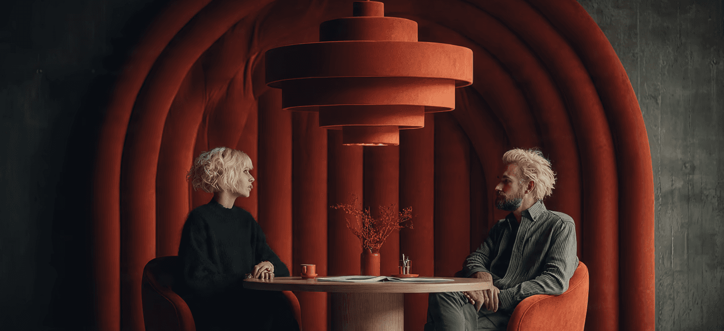 Two people sit across a table in a stylish room with red velvet walls and a large red pendant light. The mood is intimate and modern.