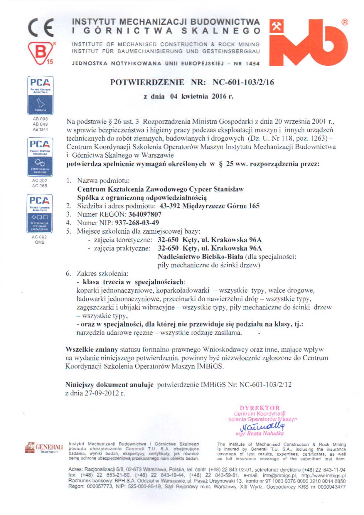 Certyfikat potwierdzający profesjonalizm CKZ Cypcer w obszarze szkoleń elektroenergetycznych.