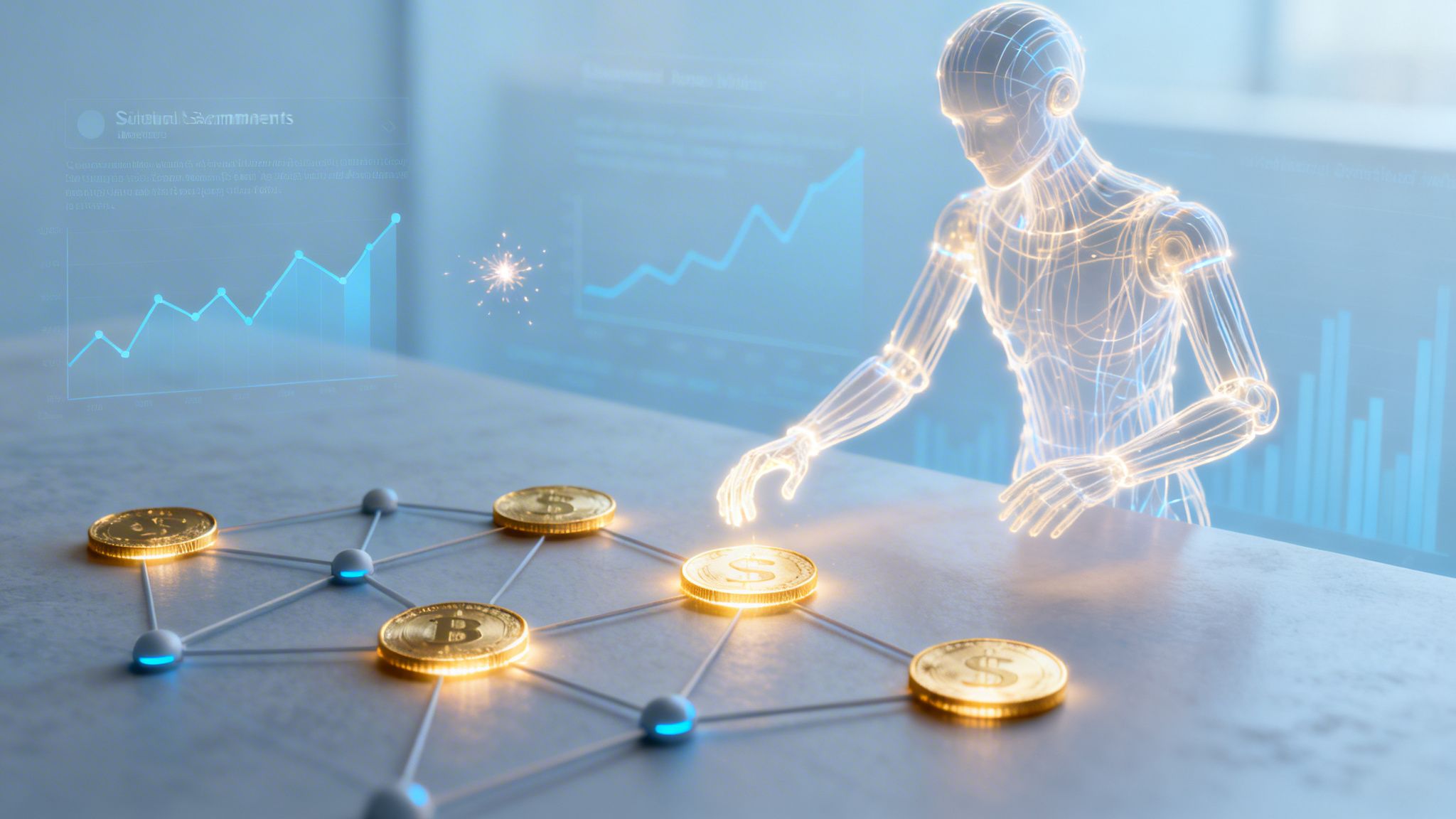 A wireframe humanoid robot interacts with a glowing blockchain network of cryptocurrencies and financial data.