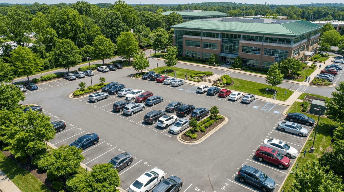 Parking lot in front of office building
