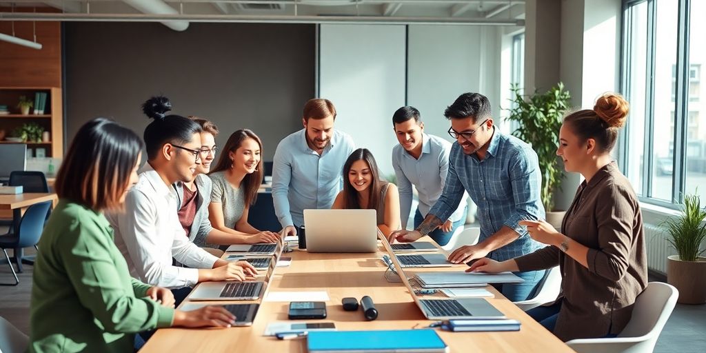 Diverse team collaborating in a modern office environment.