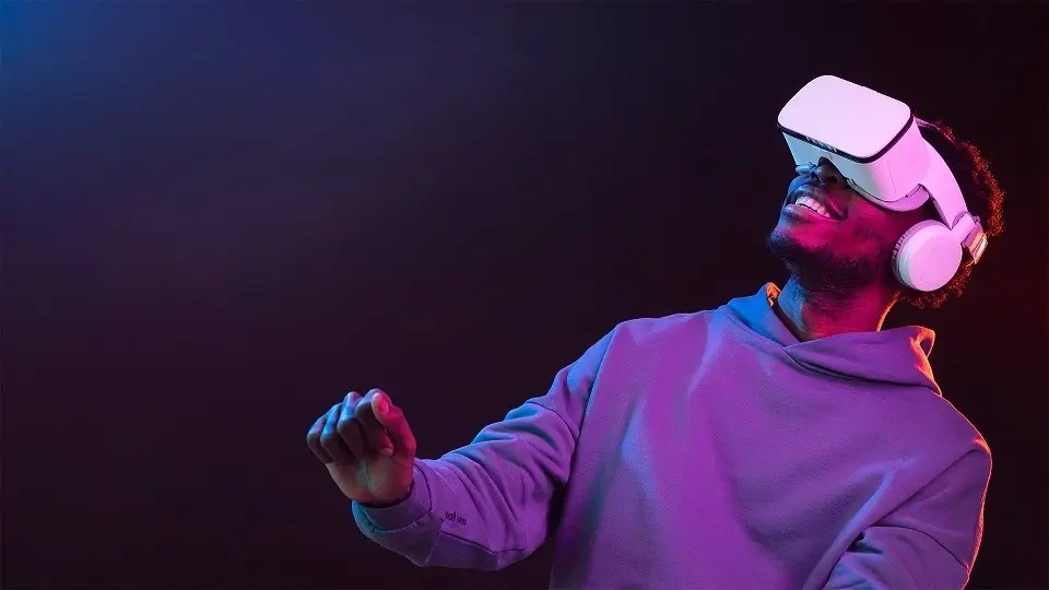 Man using VR headset experiencing metaverse virtual reality and augmented reality