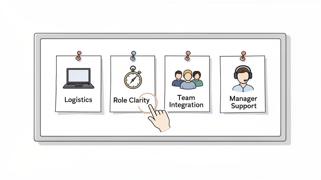 A hand points to 'Role Clarity' card on a board with employee support elements.