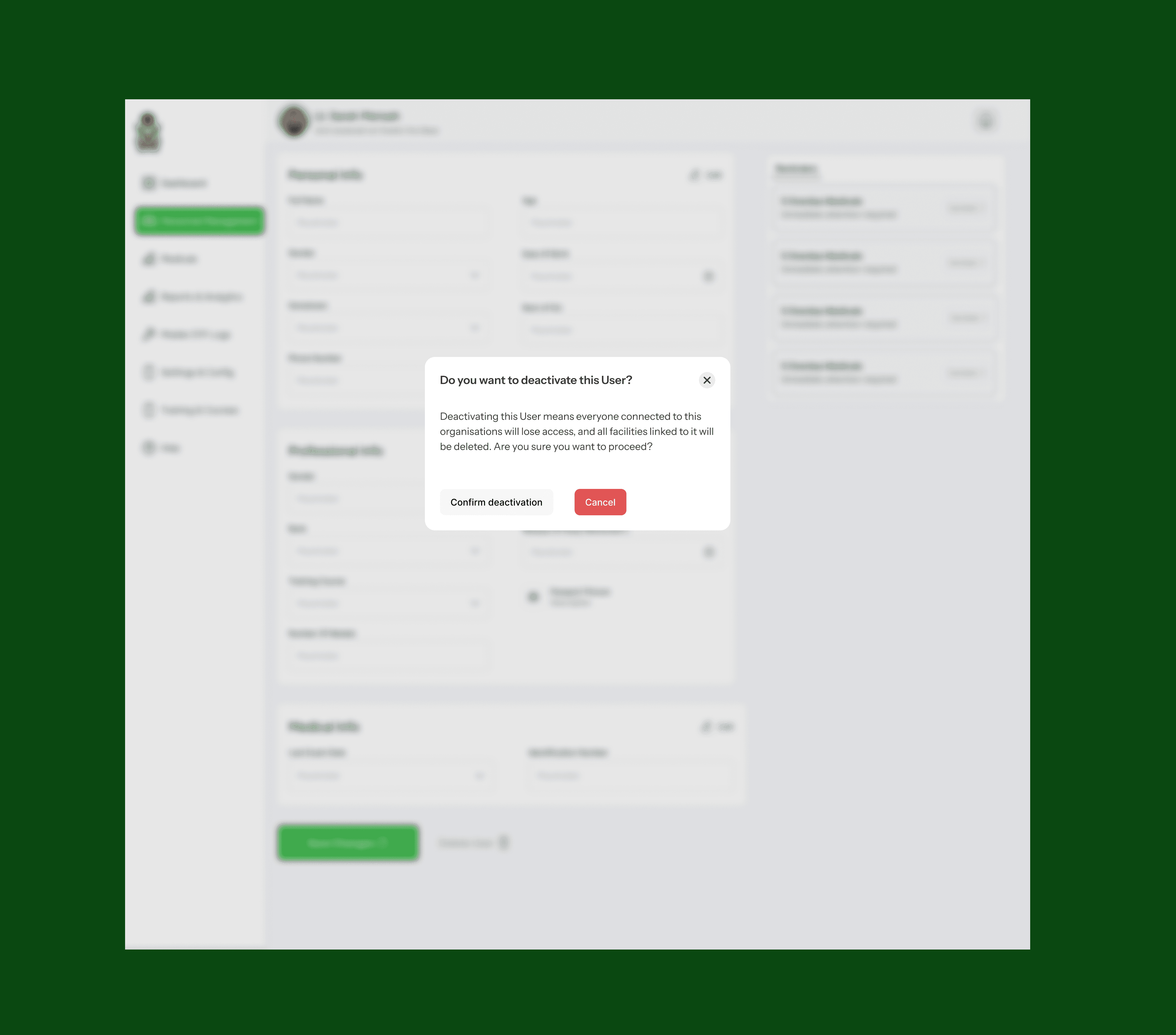 user Deactivation  screen