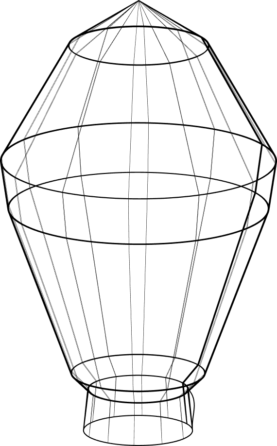 Illustration of a vintage hot air balloon, featuring a basket and a large, dome-shaped fabric canopy.