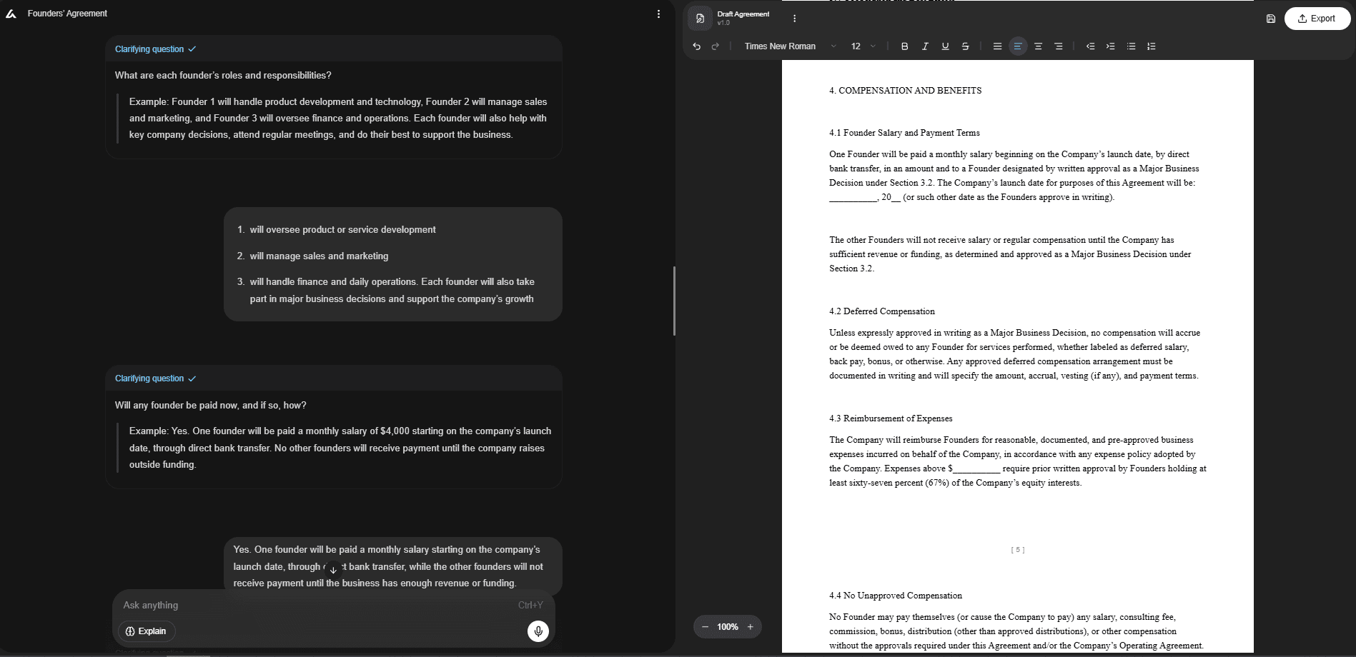 Split-screen interface showing an AI Lawyer gathering founders’ roles and payment terms while generating a founders’ agreement draft with compensation and benefits sections on the right.