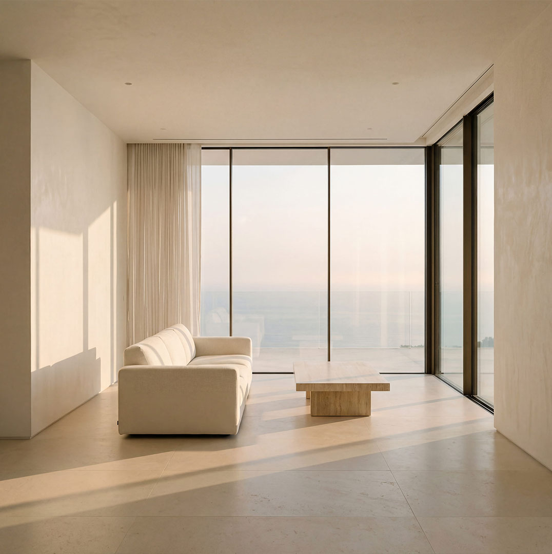 Minimalist luxury villa interior with large windows and sea view in Marbella