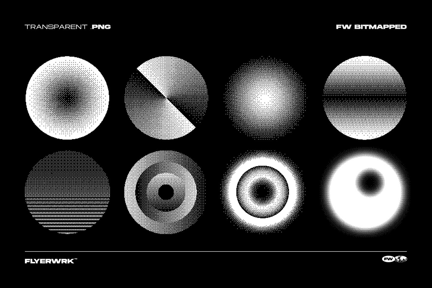 Bitmapped design elements abstract circles with high resolution dithered gradients on a black background