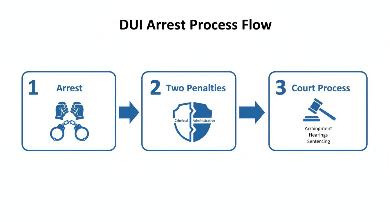 A DUI arrest process flow chart showing arrest with handcuffs, criminal and administrative penalties, and court process with a gavel.
