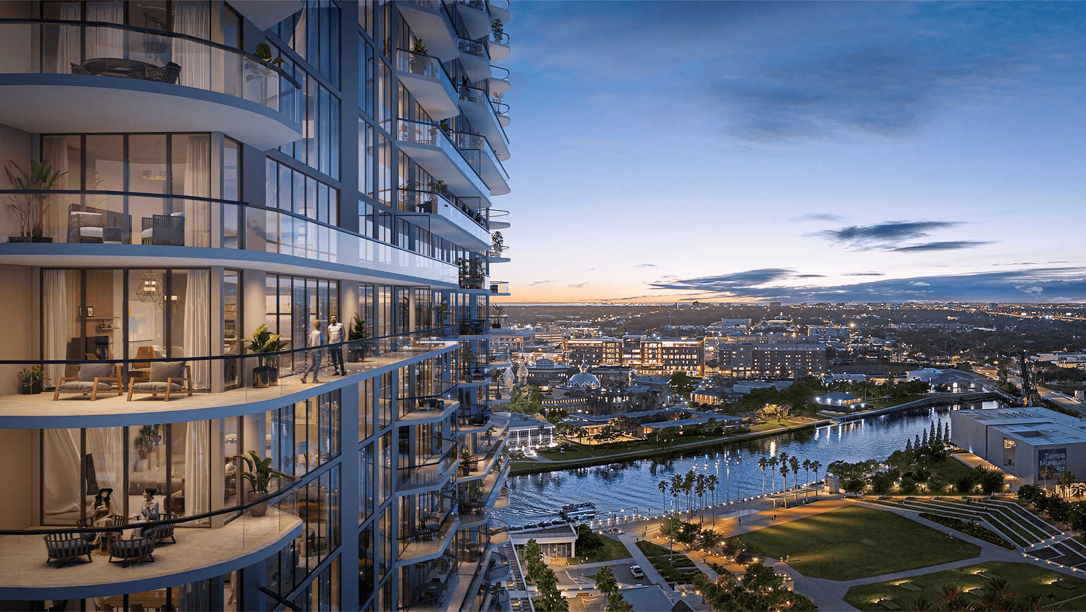 Aerial rendering of One Tampa mixed-use development featuring twin residential towers along the Hillsborough River waterfront