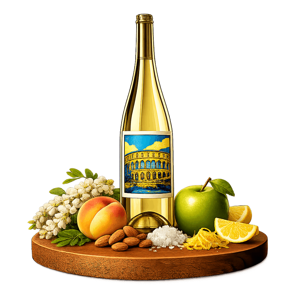 Artistic label and flavor profile for Istrian Malvazija on a rustic wooden table.