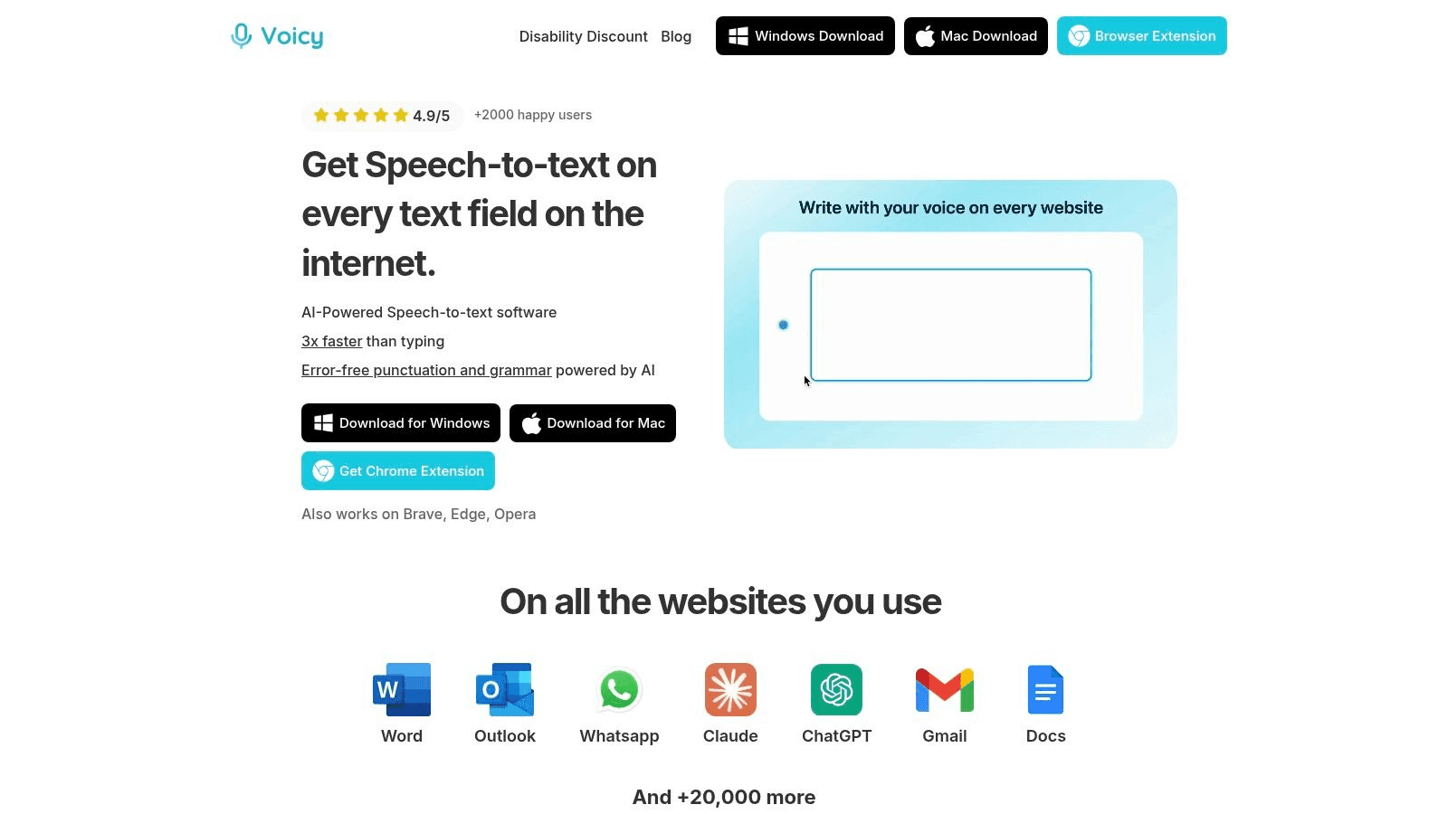 Voicy, Speech to Text, ADHD Productivity Tool, Homepage Screenshot. 