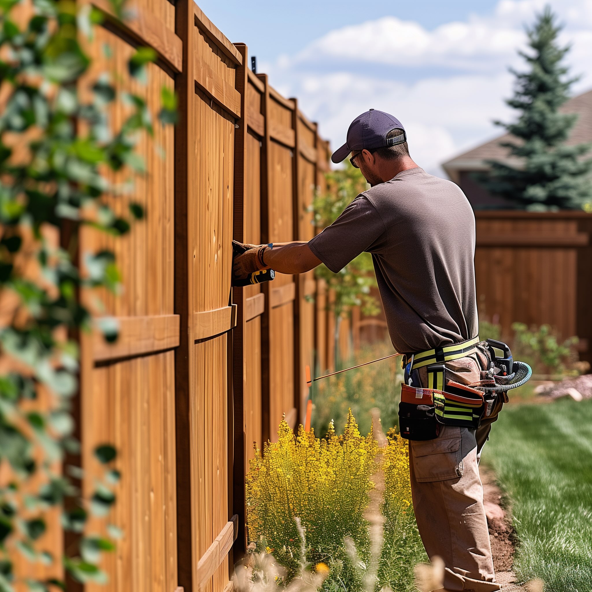 professional fence repair man in castle rock, Colorado working on fixing the top board for a backyard wooden garden fence