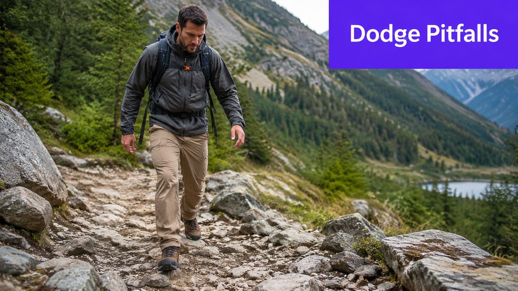 A hiker trekking along a rugged mountain trail with a backpack, demonstrating caution while navigating rocky terrain.