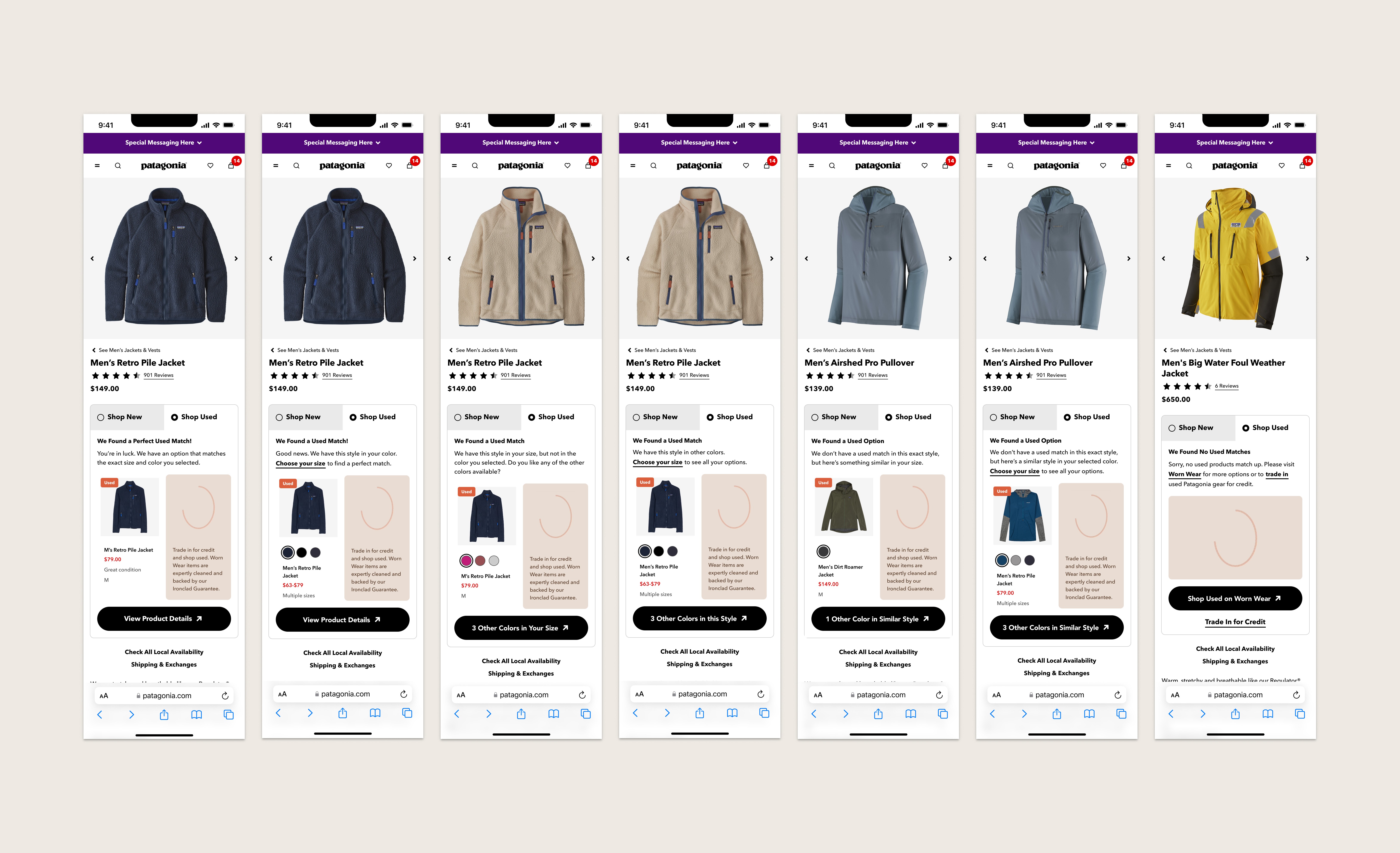 Wireframes showing multiple Shop Used PDP component scenarios, including exact used matches, similar used product recommendations, fallback states with no inventory, and states with size selected and not selected.