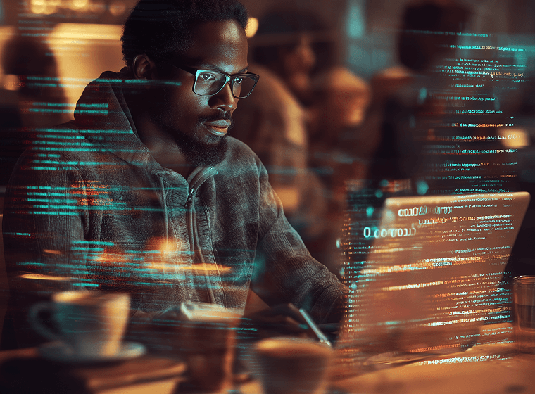 Man working on his laptop with data overlayed
