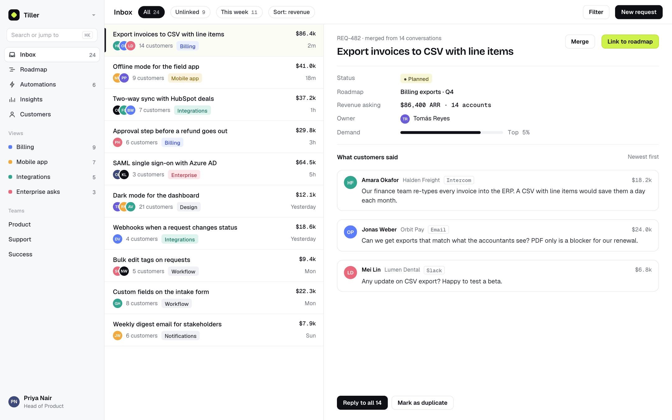 Cadrell inbox: requests sorted by the revenue behind them